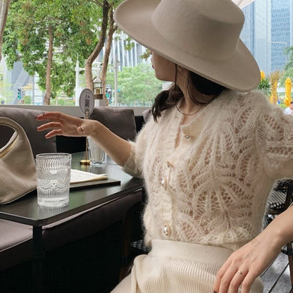 Women Sweater Autumn White Openwork Knitted Cardigan Mohair Coat Sweater