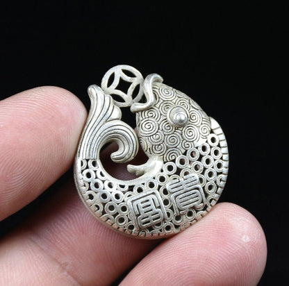 Rare Chinese Miao Silver Feng Shui Hollow Fish Goldfish Money Coin Luck Pendant