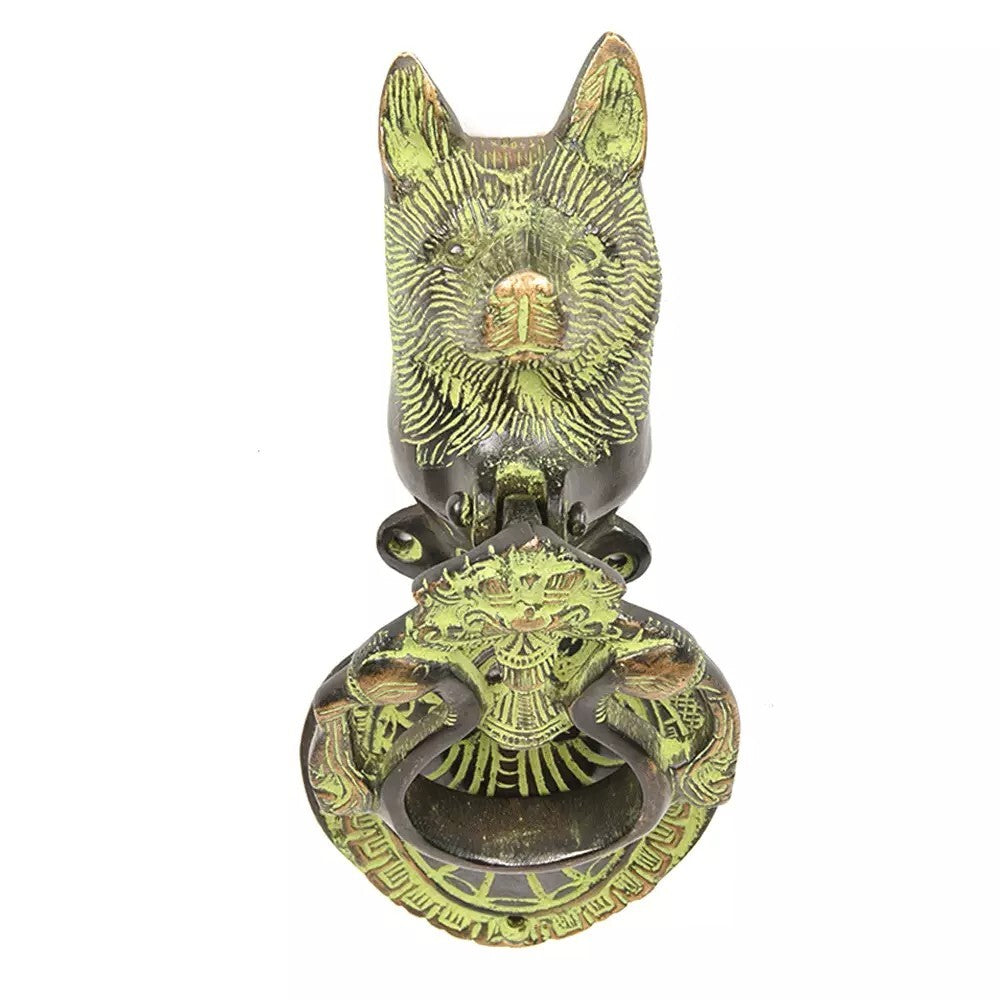 Antique Look Patina Brass Wolf Atop Two Peacock Door Knocker Door Bell