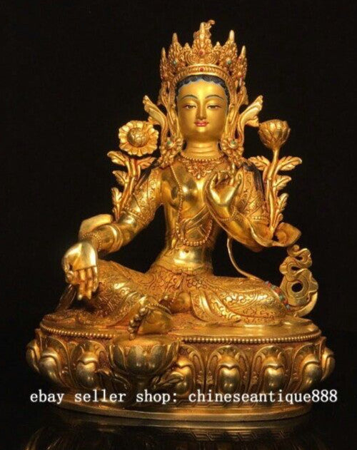 12.6" Tibet Nepal Copper Gilt Painting Green Tara Kwan-yin Goddess Buddha Statue