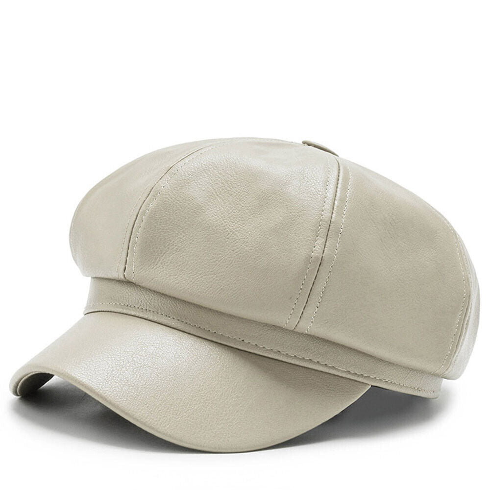 Womens Octagonal Cap PU Leather Cap Duck Tongue Cap Beret Fashion Winter Hat