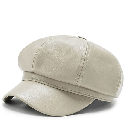 Womens Octagonal Cap PU Leather Cap Duck Tongue Cap Beret Fashion Winter Hat