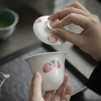 Hand-painted Strawberry Gaiwan Pink Tea Tureen Chinese Tea Brewing Cover Bowl