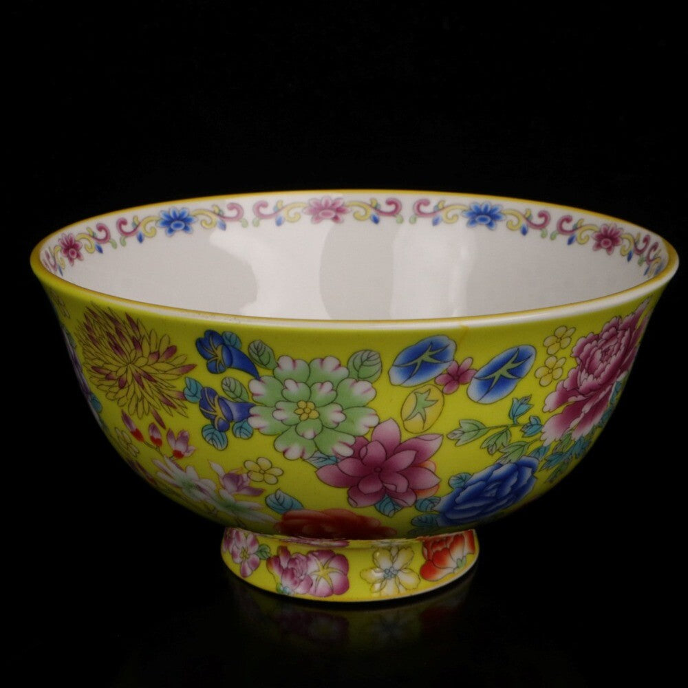Old Chinese porcelain Yellow glaze color Painted flowers bowl Qianlong Mark a404