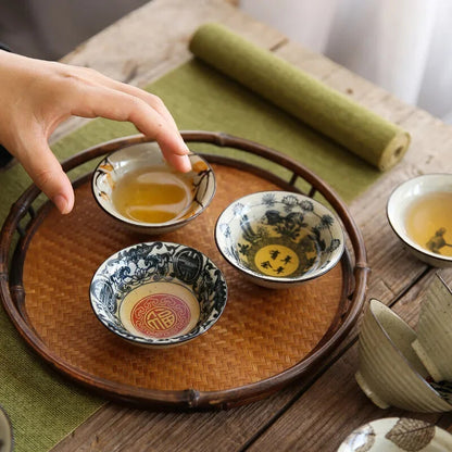 Retro Chinese Bamboo Antique Ceramic Underglaze Tea Bowl Kungfu Tea Set Tea