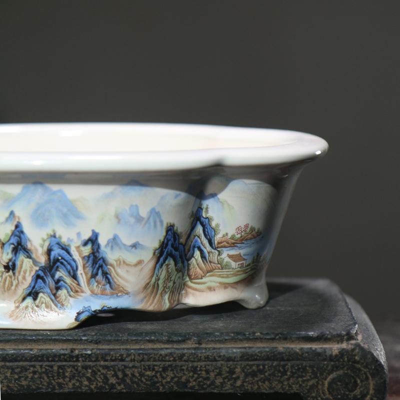 9.8" Purple Sand White Mud Glazed Pot Hand-painted Ceramic Bonsai Flowerpot New
