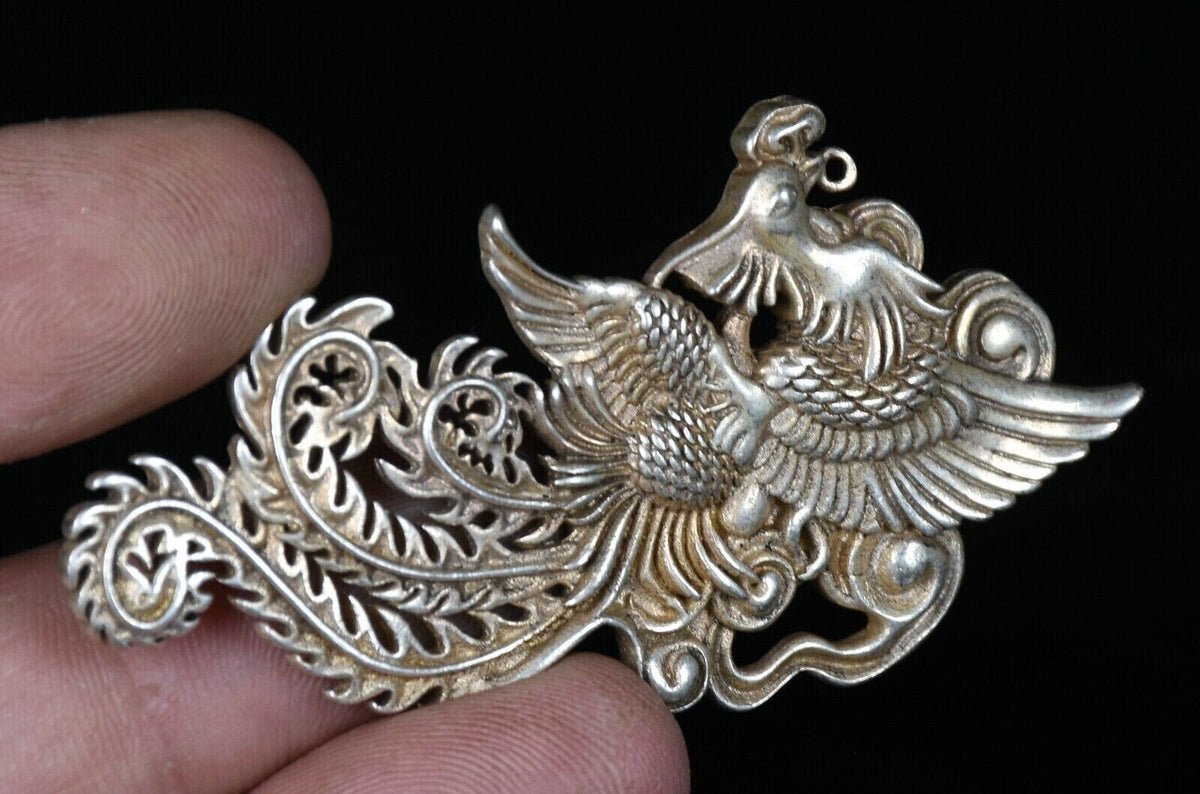 6.5CM Old Chinese Miao Silver Feng Shui Phoenix God Bird Luck Amulet Pendant