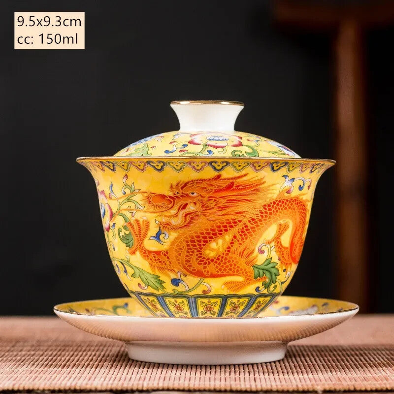 Ceramics Sancai Gaiwan Bowl Dragon and Phoenix Tea Cup Handmade Enamel Color