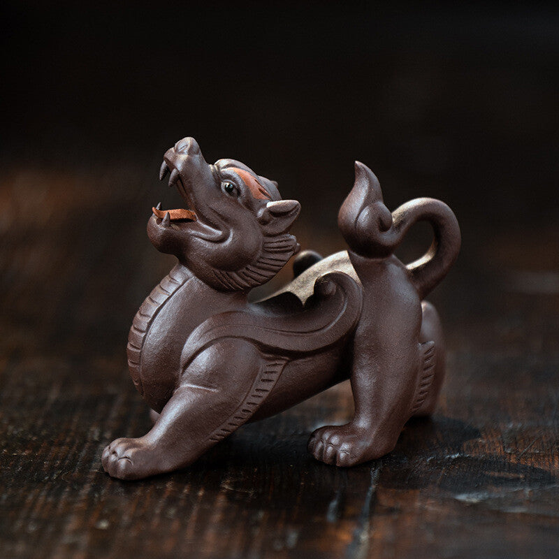3.6" China Yixing Zisha Pottery Purple Clay Animal Wealth Pixiu Tea Pet Boy Gift