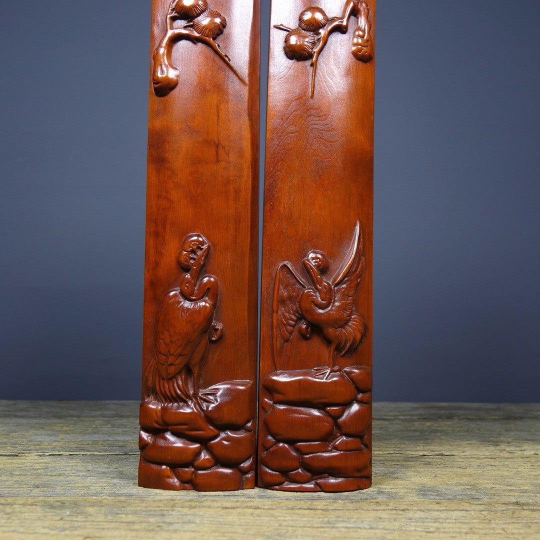 Vintage Boxwood Hand Carved Paper Weights Pine Crane Calligraphy 28.5cm