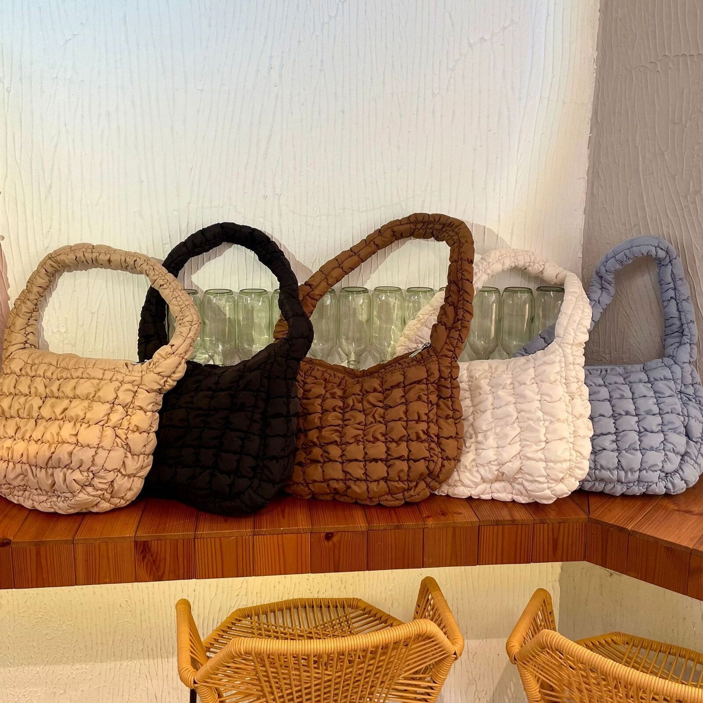 Space Cotton Bag Plaid Pattern Handbag Large Tote Bags Feather Padded Travel Bag