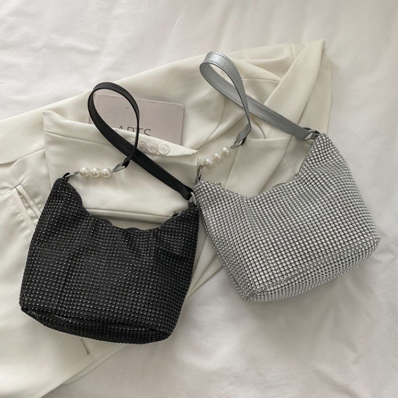 Fashion Rhinestone Square Bag Messenger Pearl Chain Shoulder Bags Purse Square