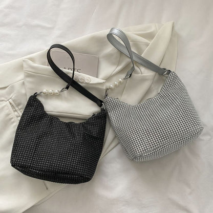 Fashion Rhinestone Square Bag Messenger Pearl Chain Shoulder Bags Purse Square