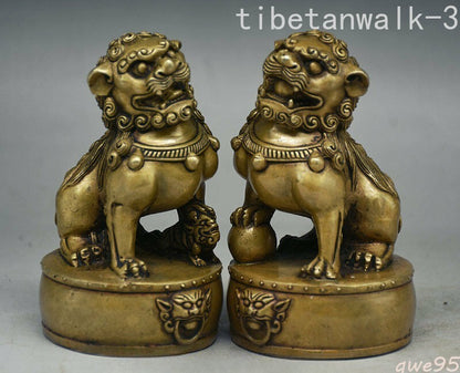 4.4"IN Chinese Old Copper Folk Feng Shui Foo Fu Dog Guardion Lion Drum Statue