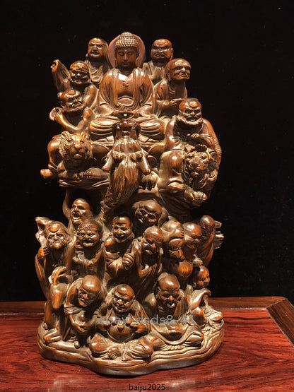 6.1"Chinese Box-wood Carving Buddhism 18 Arhat Shakyamuni Amitabha Buddha Statue