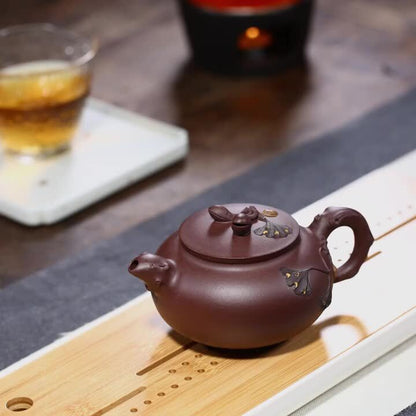 Marked Teapot Full Handmade Pot True Yixing Zisha Purple Clay Ginkgo Leaf Relief