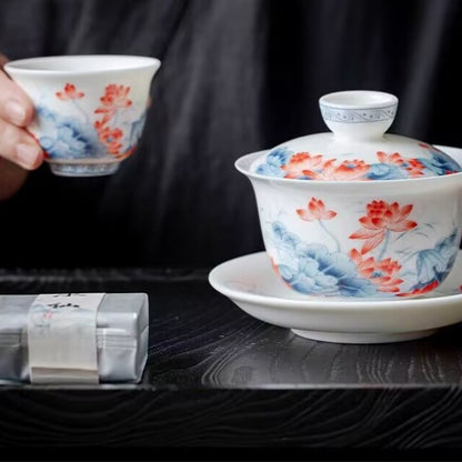 Jingdezhen Ceramic Gaiwan Mutton Jade Porcelain Tureen Matching Tea Cup Pitcher