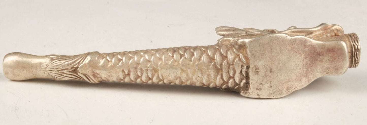 Old Chinese Tibet silver hand-carved dragon smoking pipe f416