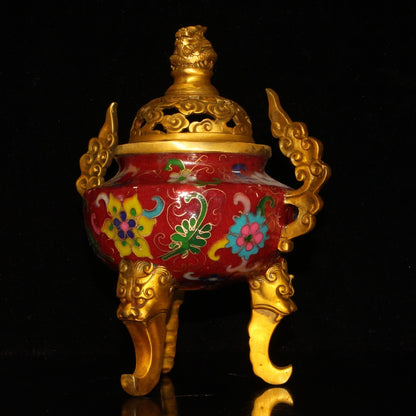 Old China Gold Plating on Brass Cloisonne Three Legs Incense Burner