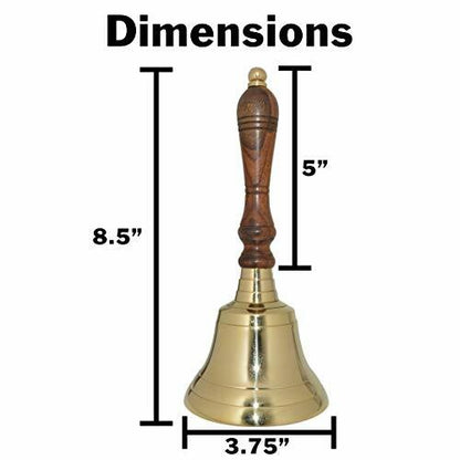 Large School Bell, Polished Brass Metal Handbell, Gold Color with Wooden Handle