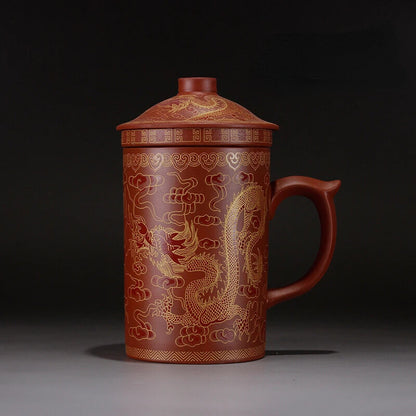 Yixing Dragon Phenix Purple Clay Tea Mug Lid Infuser Handmade Ceramic Teacup