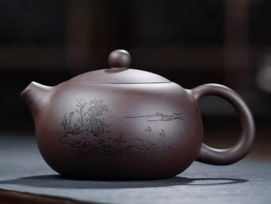 5.9" Chinese Yixing Zisha Pottery Purple Mud 420CC Hill Water Kung Fu Teapot