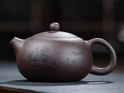 5.9" Chinese Yixing Zisha Pottery Purple Mud 420CC Hill Water Kung Fu Teapot