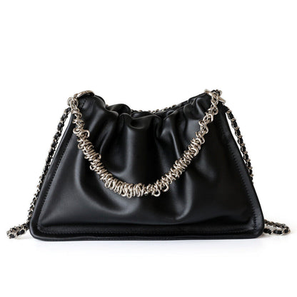 Small Real Leather Ruched Clutch Pouch Purse Tote Shoulder Bag Crossbody Chains