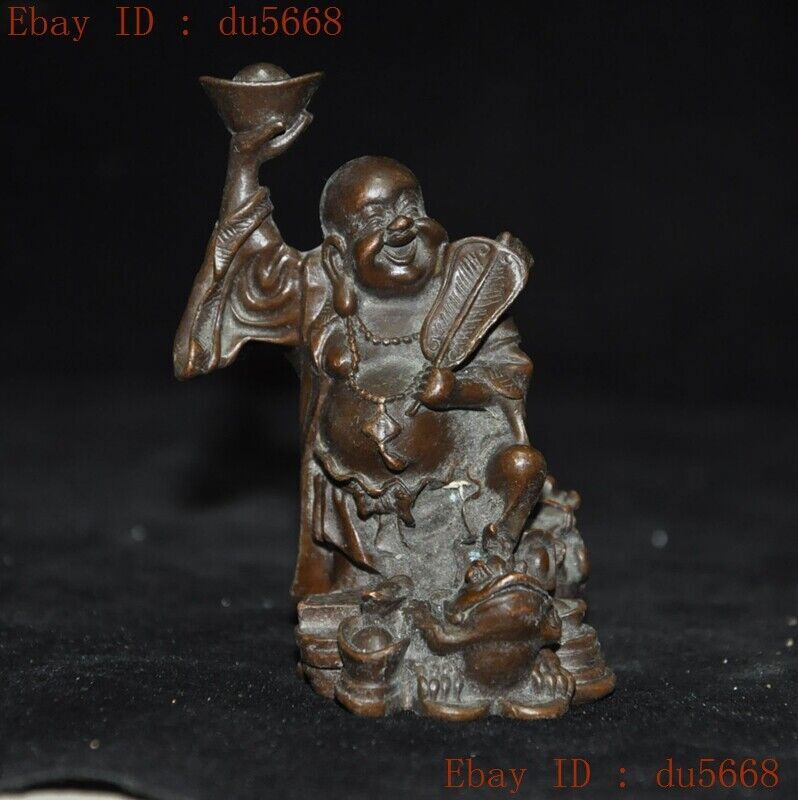 3"Chinese Buddhism Temple Bronze Wealth Gold Toad Yuanbao Maitreya Buddha Statue