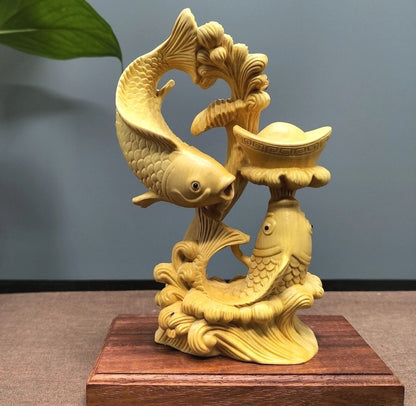 5.5" Boxwood Carved Carp Fish Igot Statue Feng Shui Wealth Home Ofiice Decor