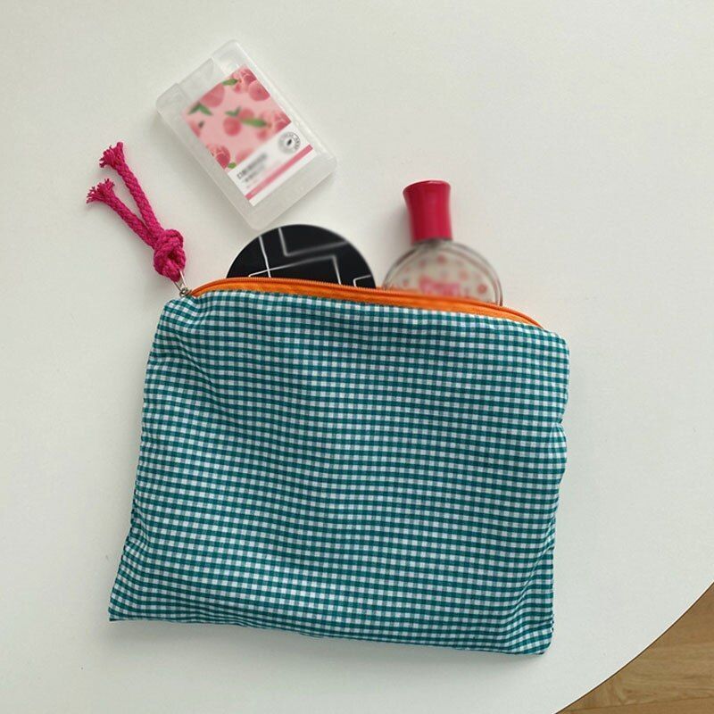 Plaid Makeup Bag Cotton Linen Cosmetic Bag Zipper Pouch Large Storage Bag Purple