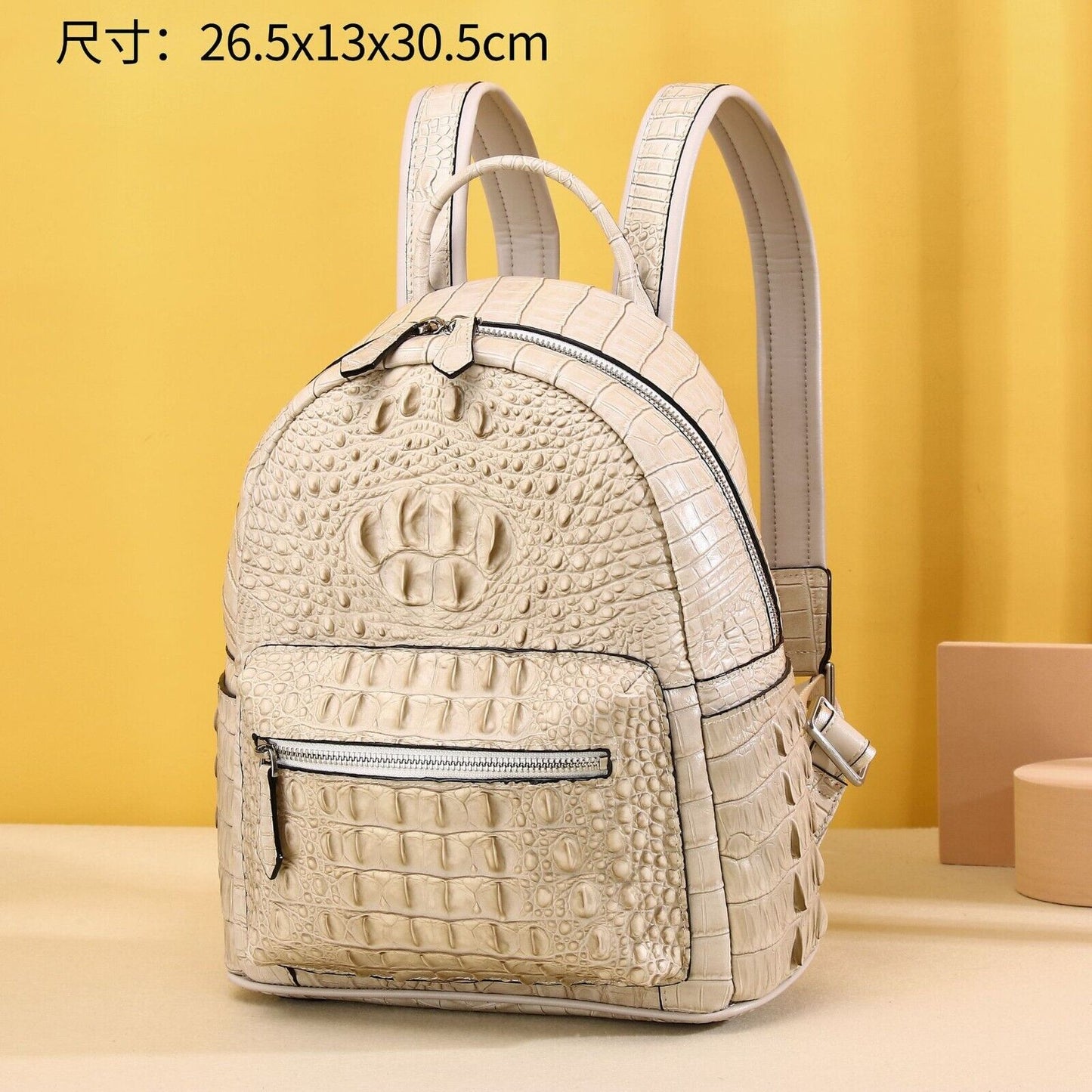 Real Leather White Women's bag, Desinger Crocodile Pattern Backpack Travel Bag