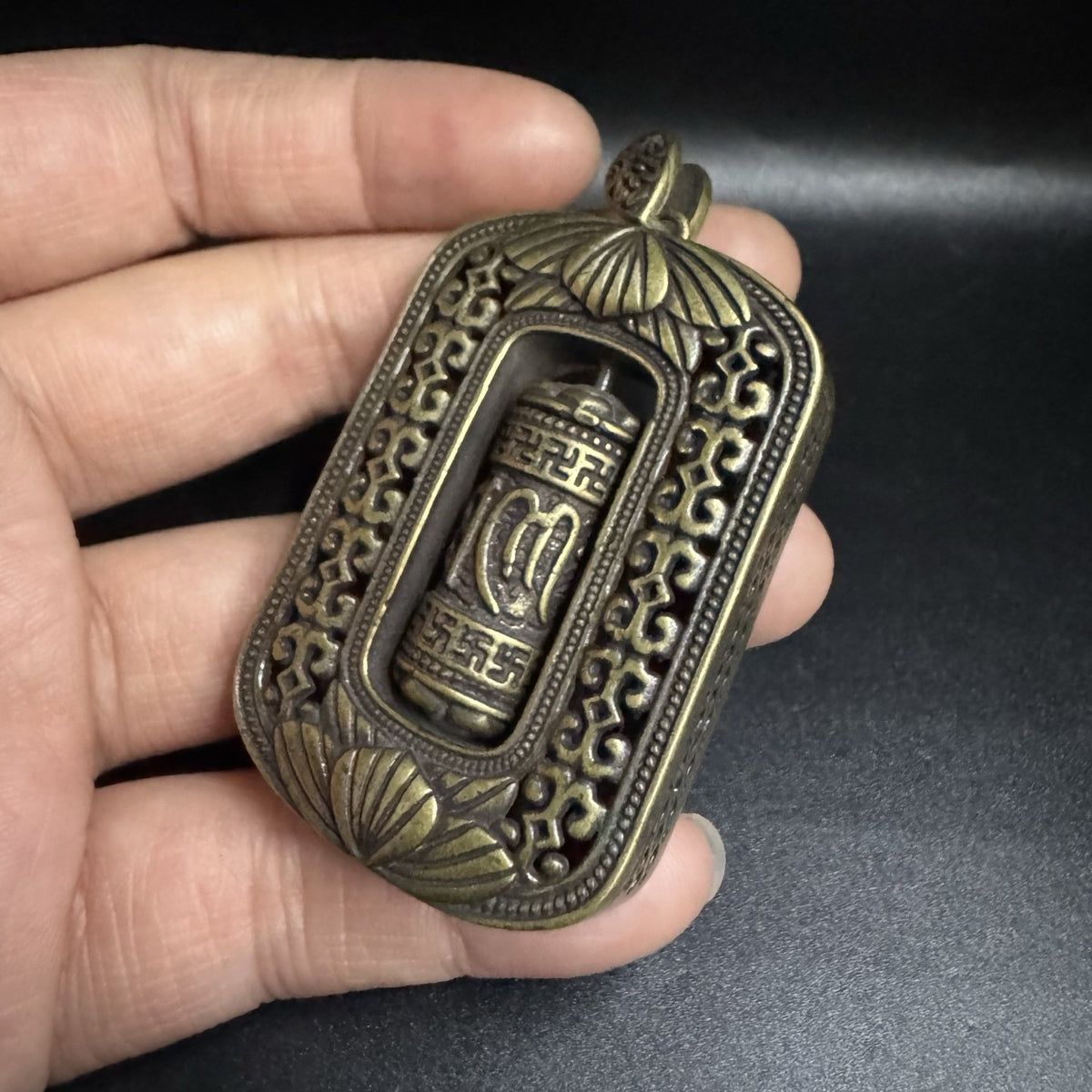 Vintage Brass Prayer Wheel Pendant Six-Word Mantra Chinese Ethnic Men's Amulet