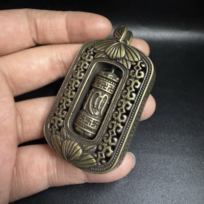 Vintage Brass Prayer Wheel Pendant Six-Word Mantra Chinese Ethnic Men's Amulet