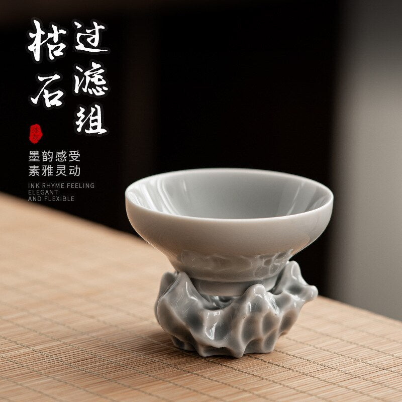 Japanese Gray Smoky Gray Glaze Filter Set Ceramic Tea Funnel Tea Filter