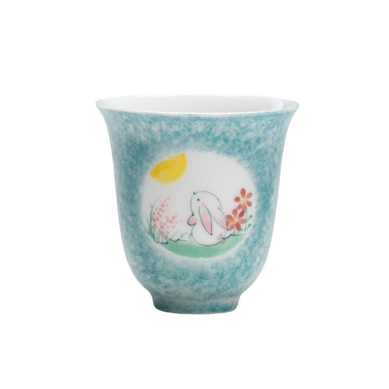 Jade Rabbit Looking Moon Underglaze Ceramic Tea Cup Kung Fu Tea Set Covered Bowl