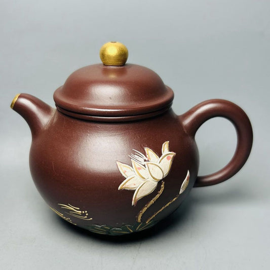 Chinese Yixing Purple Clay Teapot Zisha Ceremony Painted Fine Lotus Flower Rare
