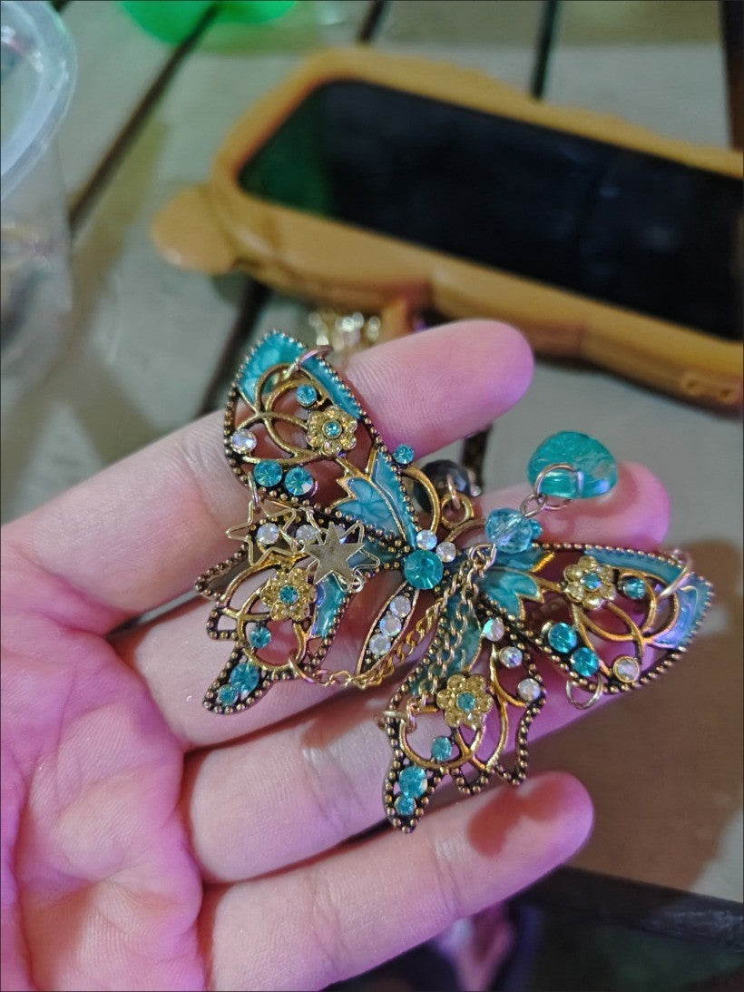 Retro Butterfly Choker Beaded Necklace 2-in-1 Cool Unique Simulated Turquoise