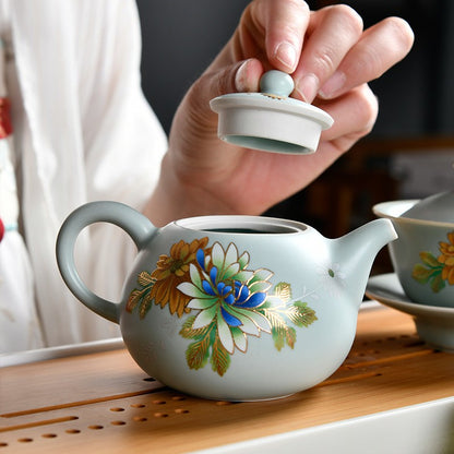 Ruyao Craft Porcelain Gaiwan Matching Tea Cup Pot Floral Pattern Pitcher Tureen