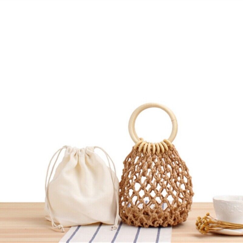 New Womens Small Solid Hollow Mesh Bag Summer Cotton Holiday Beach Bag