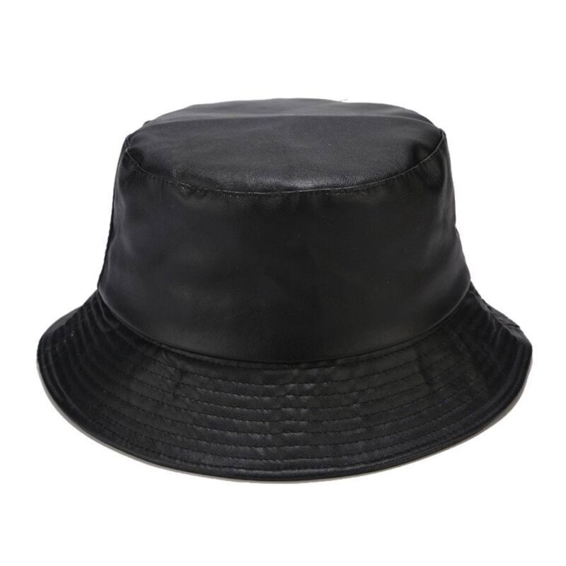 Men Outdoor Waterproof Hiking PU Bucket Hat Fisherman Cap Leather Sun Caps