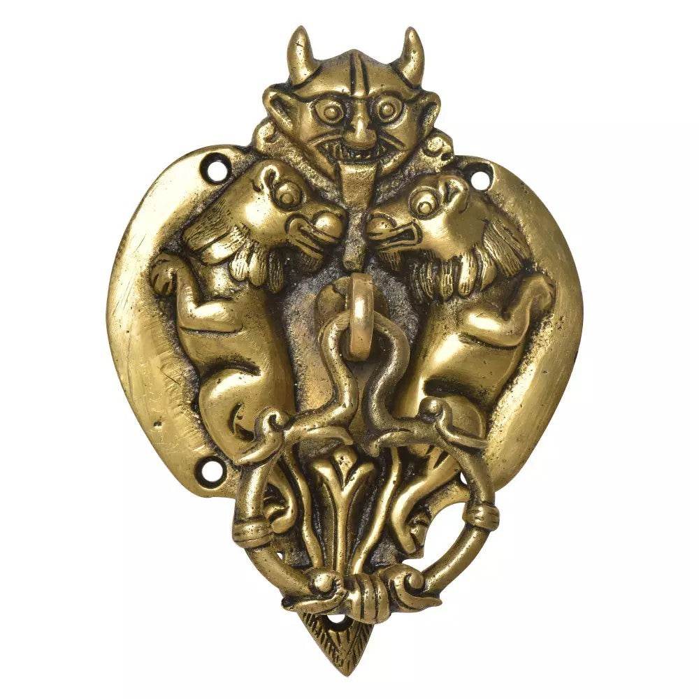 Antique Look Brass Demon Head With Two Lion Figurines Door Knocker Door Bell