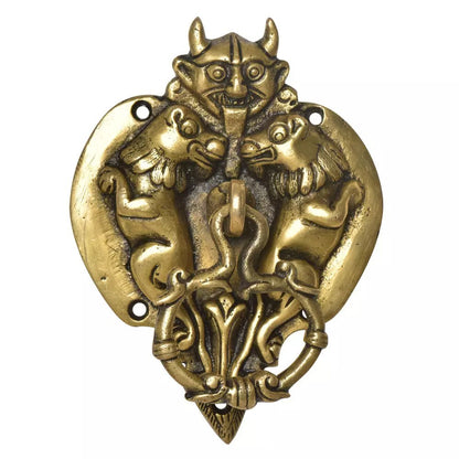 Antique Look Brass Demon Head With Two Lion Figurines Door Knocker Door Bell