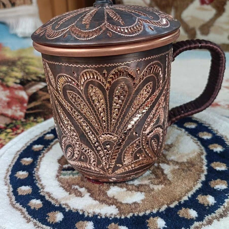 Chinese Handmade Copper Teacup 8.5cm Ethnic Mug with Lid
