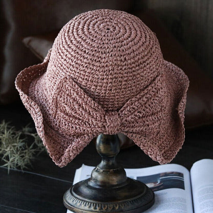 Women Vintage Fashion Folding Straw Bucket Hat Braid Summer Beach Sun Hat w/ Bow