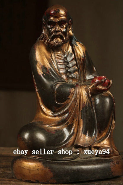 8.6" Old Chinese Dynasty Bronze Gilt Arhat Damo Bodhidharma Dharma Buddha Statue