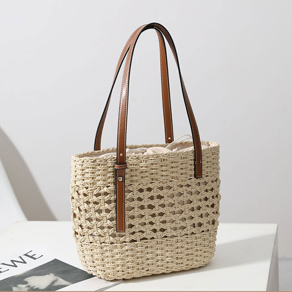 Women Woven Boho Handbag Summer Beach Tote Straw Bag Round Rattan Shoulder US .