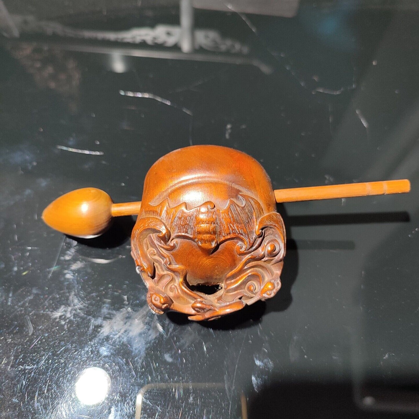 chinese wooden statue carving sculpture Boxwood carved bat praying Buddhism art