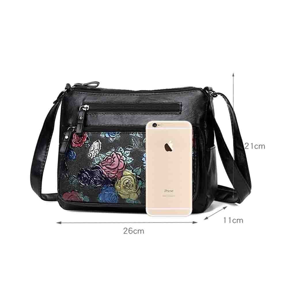 Soft Leather Messenger Shoulder Handbag Purse Flowers Multi-pocket Crossbody 1PC
