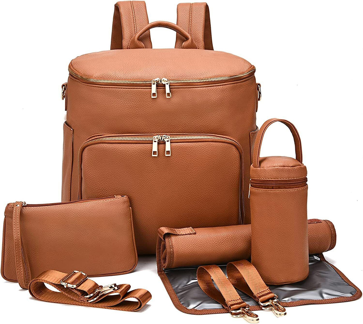 7-in-1 Baby Diaper Bag Solid PU Leather Mummy Maternity Bag Bags Changing Pad